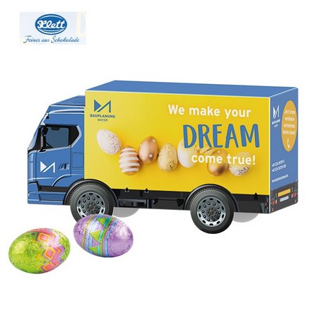 3D Präsent-LKW Klett Schoko-Ostereier mit Logo