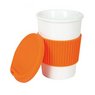 Porzellanbecher Play&Go weiß-orange mit individueller Werbung