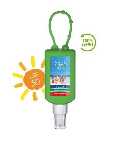50ml Flasche mit Bumper - Sonnenschutzspray LSF50 mit Logo 