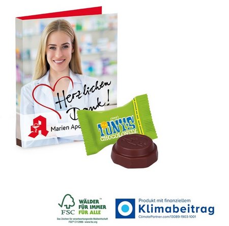 Werbe-Klappkarte Tiny Tony´s Schokolade mit Logo