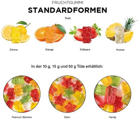 Füllvarianten Fruchtgummi-Tetraeder Standardformen 15 g