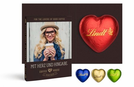 Werbekarte mit Lindt Schokoladen Herz 20g