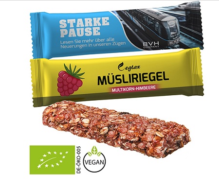 Bio Müsliriegel Multikorn Aprikose 30g im Flowpack mit Logo