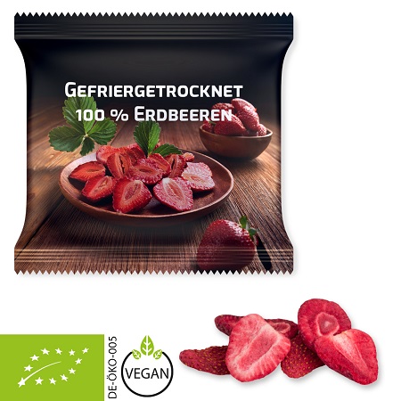 Bio gefriergetrocknete Erdbeeren 15g mit Logo