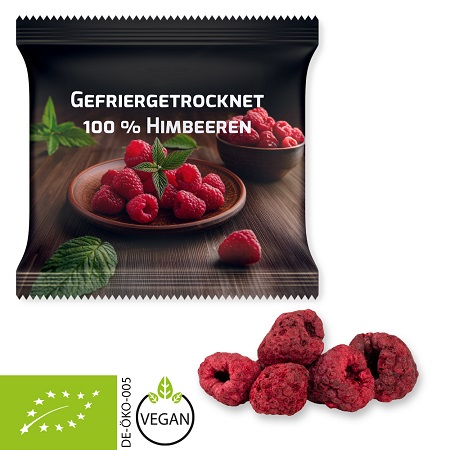 Bio gefriergetrocknete Himbeeren 15g mit Logo