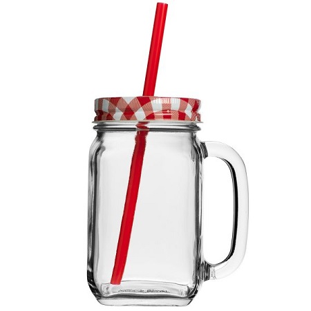 Glasbecher Country Jar mit Deckel und Strohhalm als Werbeartikel