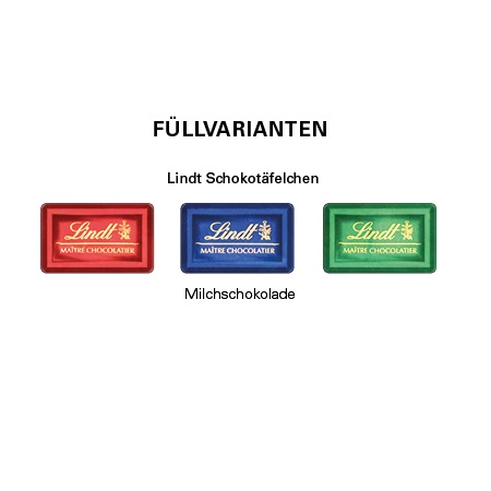 Inhalt Geschenkbox Mini Tanne Lindt Schokotäfelchen mit Logo