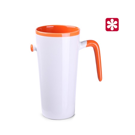 Keramikbecher Idea weiß-orange mit eigenem Logo bedruckt