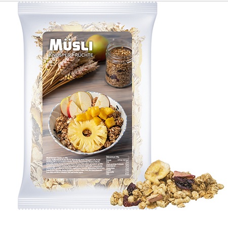 Müsli Knusper-Früchte Express Maxi-XL-Tüte mit Etikett mit Logo