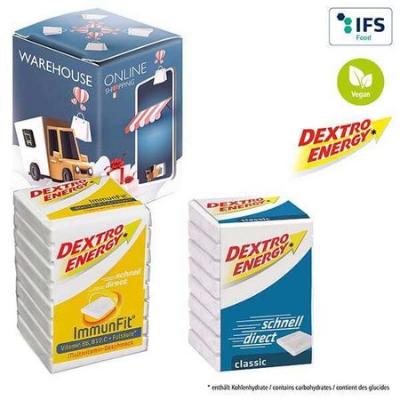 Mini Promo Tower mit Dextro Energy und ihrem Logo oder Motiv als Werbemittel bedruckbar